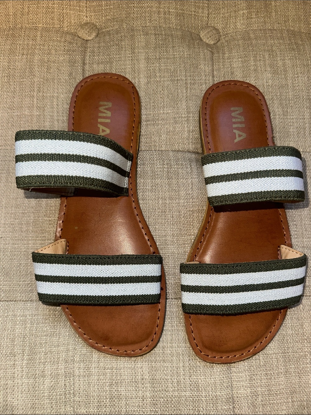 MIA Olive & White Striped Double-Band Slide Sandals